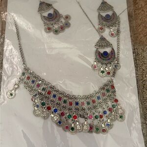 Colorful Silver Statement Necklace and Earring Set